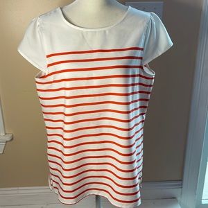 EUC horizontal fiery red/orange and white striped blouse with silver zipper